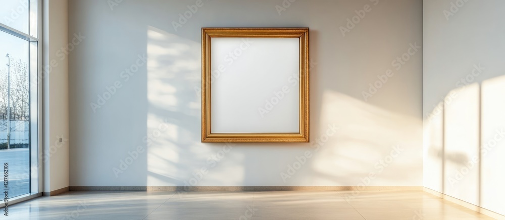 Poster elegant blank frame in modern living room showcasing natural light with ample space for personalized