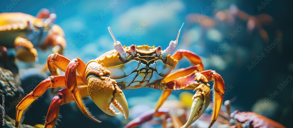 Poster Vibrant underwater close-up of colorful crabs with serene backgrounds and ample space for text addition