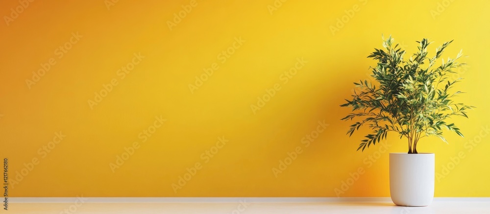 Poster vibrant yellow minimalist studio background with potted plant and copy space for text and branding o