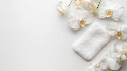 White towel surrounded by white orchid flowers on a light background with copy space for product or brand placement