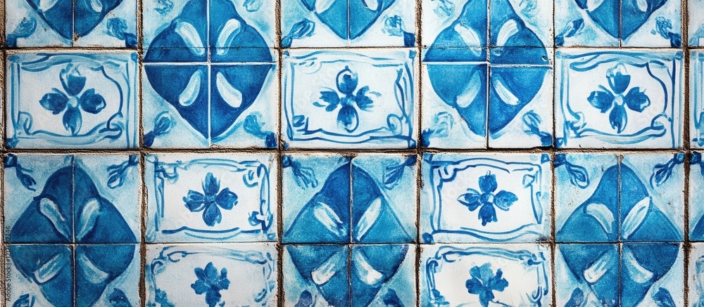 Aufkleber Bright blue decorative tiles on textured background with ample space for text close-up view showcasing intricate patterns and designs