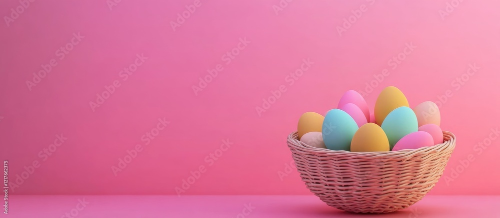 Poster minimalistic basket filled with colorful decorated eggs on pink background ideal for spring holiday 