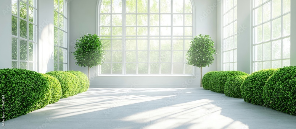 Poster Spacious sunlit room with lush green boxwood plants and ample empty space for adding text or design elements
