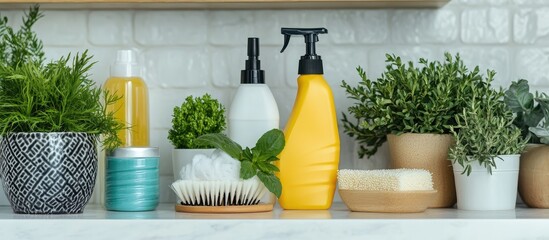 Vibrant Cleaning Supplies Arrangement with Fresh Greenery and Ample Space for Text or Branding