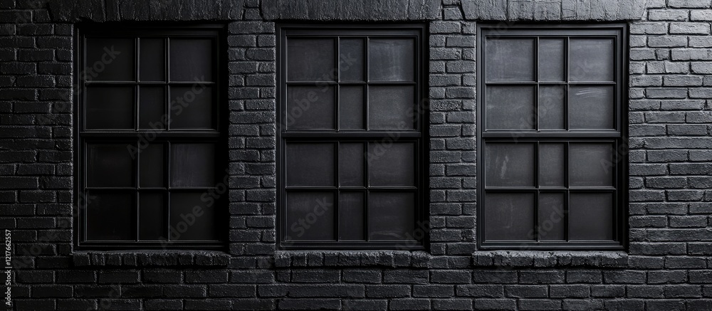 Poster black windows on dark brick wall providing empty text copyspace for minimalist design and creative a