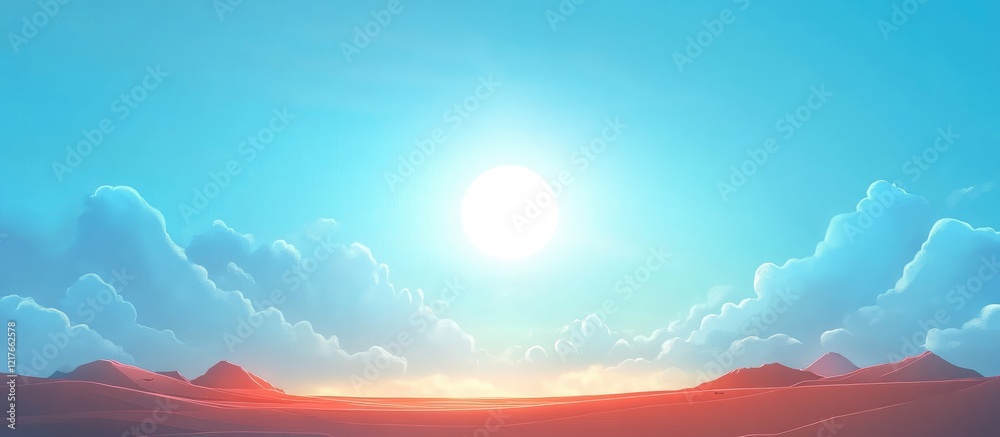 Poster vibrant blue sky with shining sun and fluffy clouds over serene landscape featuring ample space for 