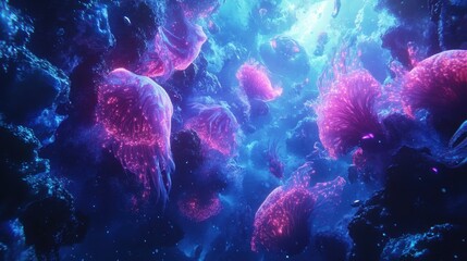 Naklejka premium Bioluminescent Underwater Flora Glowing In Deep Ocean