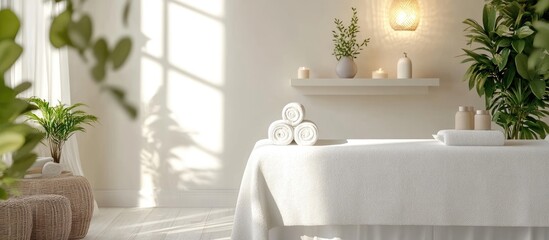 Serene Spa Treatment Room with Relaxing Atmosphere Comfortable Bed and Soft Lighting Ideal for Wellness and Relaxation Imagery