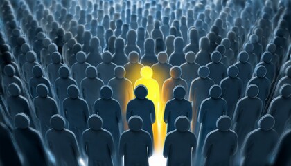 어두운 조명 아래 다수의 사람 형상을 한 군중 중에서 중앙에 위치한 한 인물이 밝은 빛으로 강조된 모습