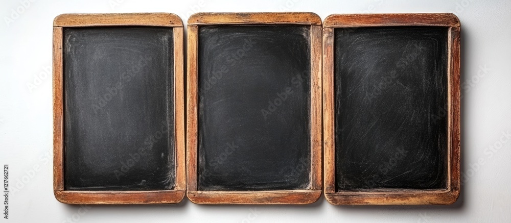 Poster three vintage chalkboards isolated on white background ideal for educational or promotional use with
