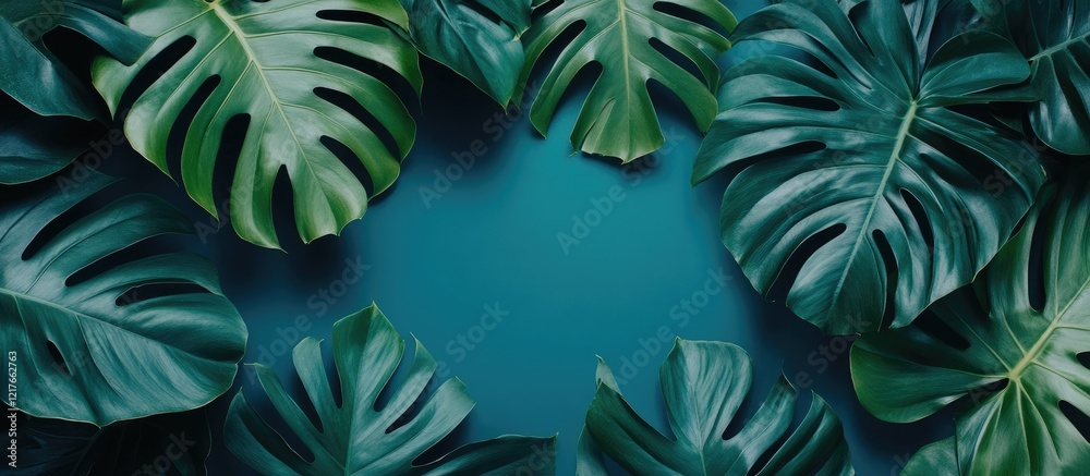 Poster tropical leaves framing empty space for text showcasing vibrant hues and natural beauty in a serene 
