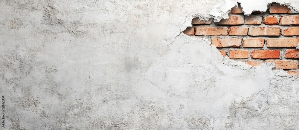 Poster textured brick wall with peeling plaster revealing bricks, ideal for backgrounds or copy space in de