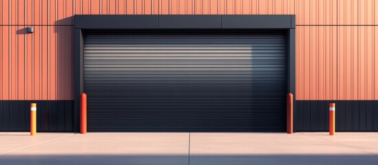 Industrial warehouse exterior with black roll-up garage door and orange safety posts clear sky background Copy Space