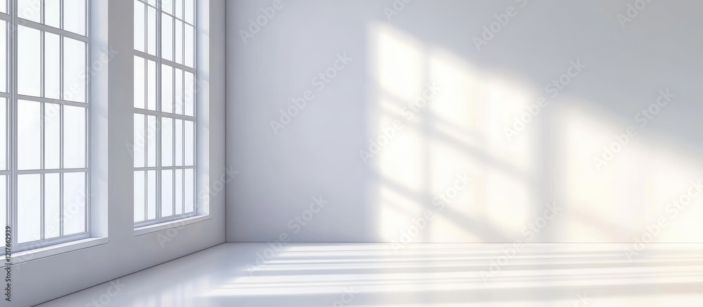 Poster Bright and spacious modern office corner featuring large windows and empty walls ideal for text placement and design inspiration