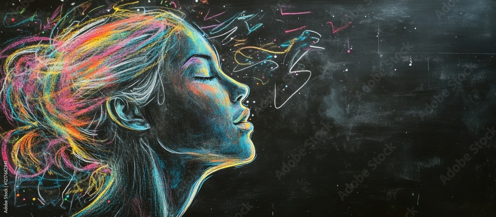 Poster chalkboard art of a woman's profile with colorful chalk drawings and ample blank space for your text