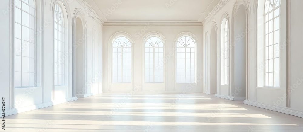Poster spacious and serene interior with abundant natural light and clear empty space for creative text pla