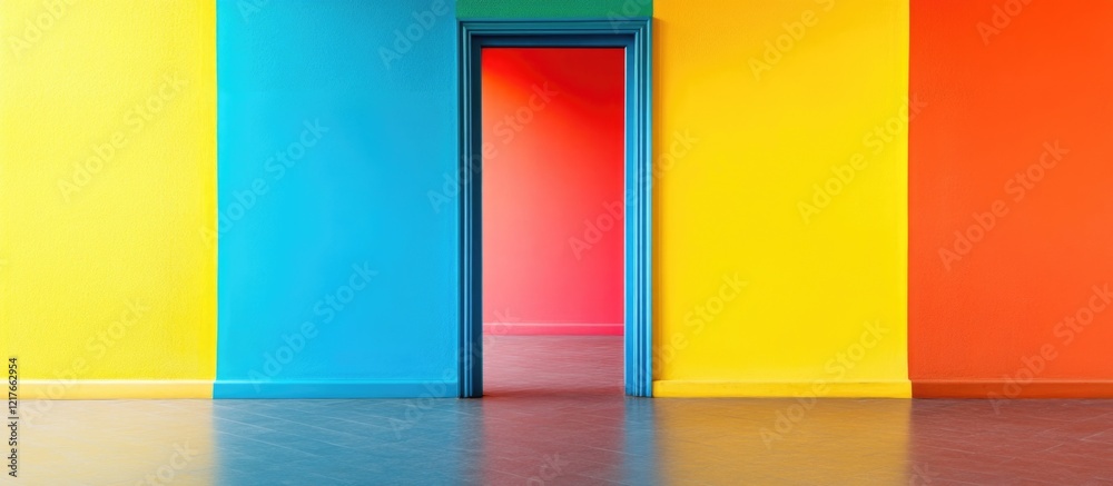 Poster vibrant colorful walls surrounding an open doorway providing ample room for text and creative messag