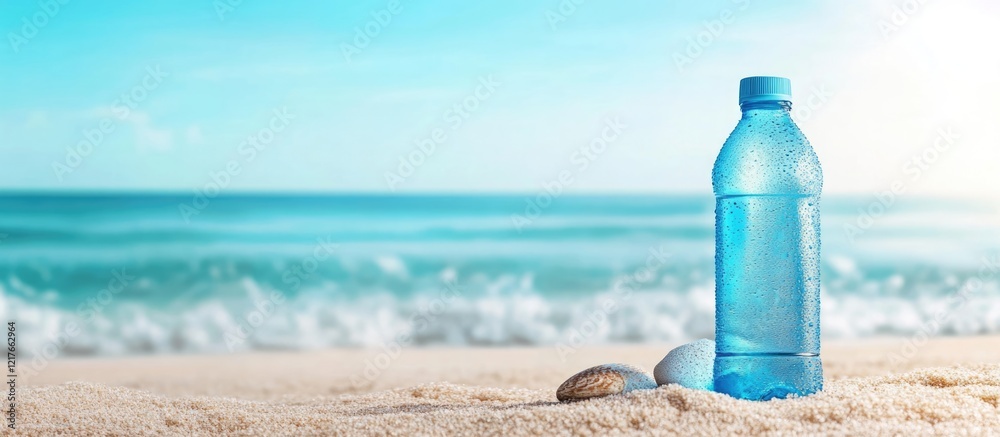 Poster blue beverage bottle on sandy beach with ocean waves in background providing ample copyspace for pro