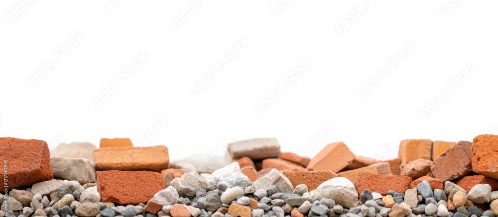 Poster Construction materials and bricks arranged with empty space above for text or marketing messages in a clean white background.