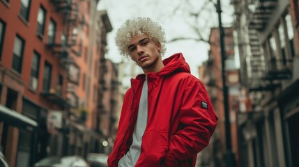 Young man with curly white hair wearing a red hoodie standing in an urban street setting with buildings and trees in the background Copy Space