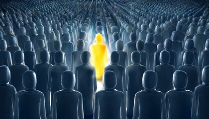 어두운 조명 아래 다수의 사람 형상을 한 군중 중에서 중앙에 위치한 한 인물이 밝은 빛으로 강조된 모습