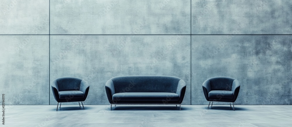 Poster modern living room setting with grey couch and armchairs against a blank wall providing ample copysp