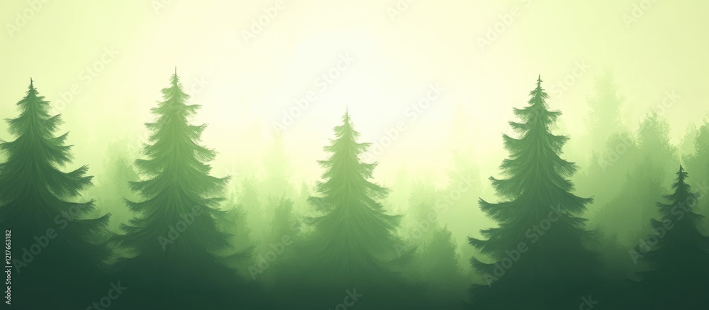 Aufkleber misty green forest trees against a soft focus background ideal for text overlay and nature-themed de