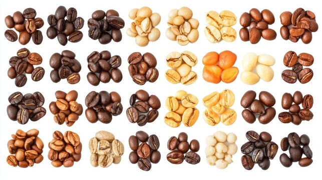 Variety of coffee beans displayed on white background showcasing different colors and types in an organized layout for creative projects.