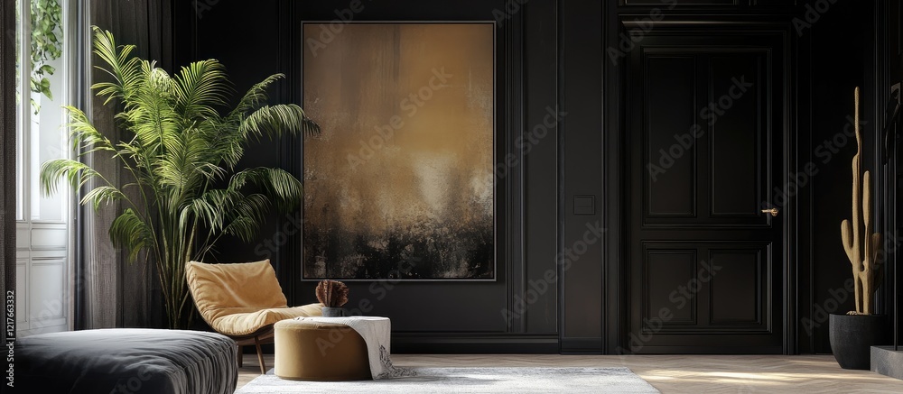 Poster elegant living room with black vertical frame gallery wall and empty copyspace for text and lush gre