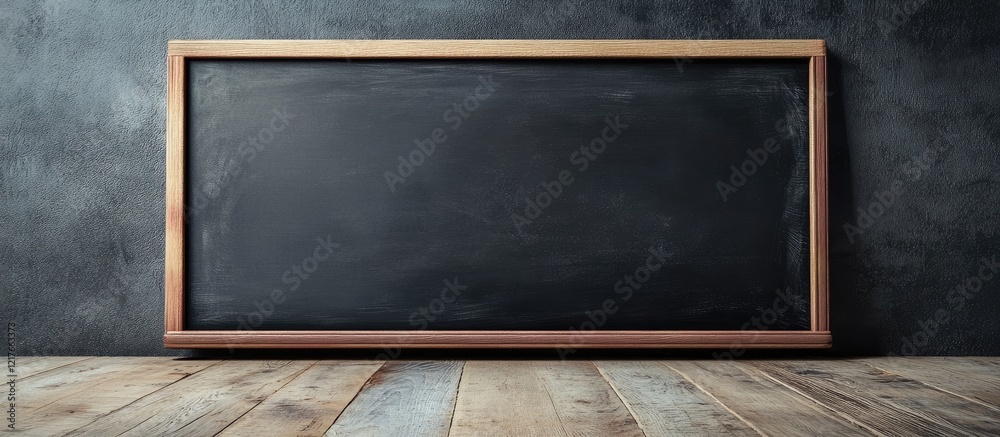 Poster Classic blackboard on a wooden floor with empty surface ideal for text placement and educational or creative content enhancement