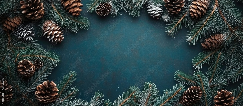 Poster Blank Christmas card design featuring a frame of pine branches and pine cones with empty space for personalized text input