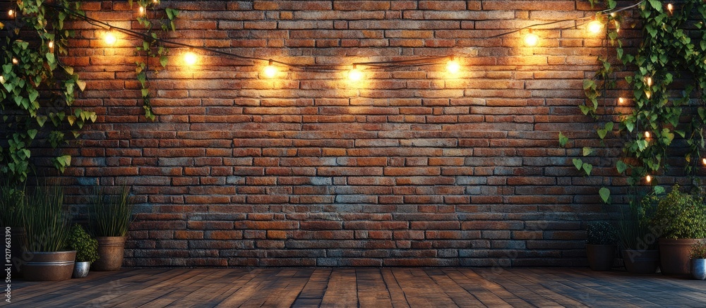 Aufkleber Cozy interior with brick wall and string lights creating an inviting ambiance perfect for empty space and text insertion