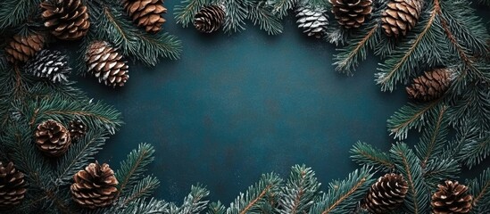 Blank Christmas card design featuring a frame of pine branches and pine cones with empty space for personalized text input