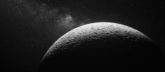 Black and white moon surface close-up with visible craters and stars in the background featuring ample copy space