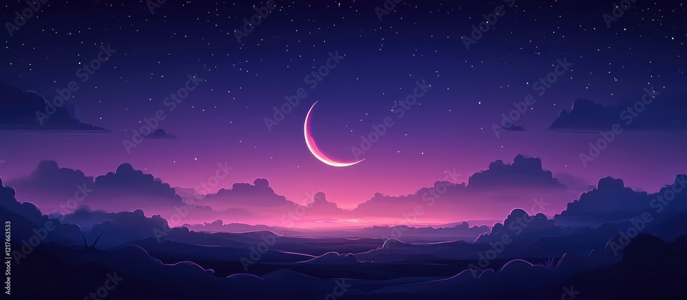 Poster crescent moon illuminating night sky above cloudy horizon with peaceful atmosphere and space for tex