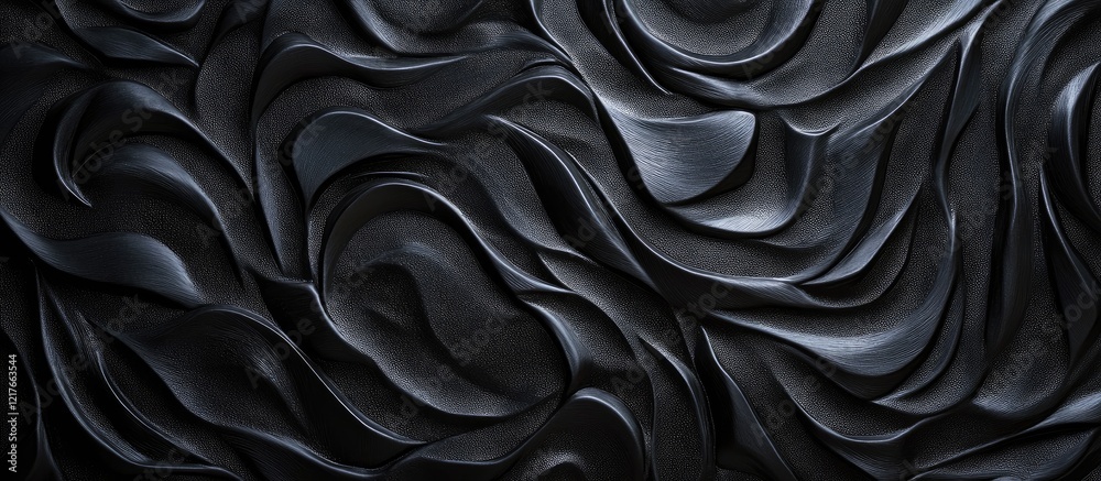 Poster Textured black wallpaper background with smooth waves and ample copyspace for text placement in elegant design.