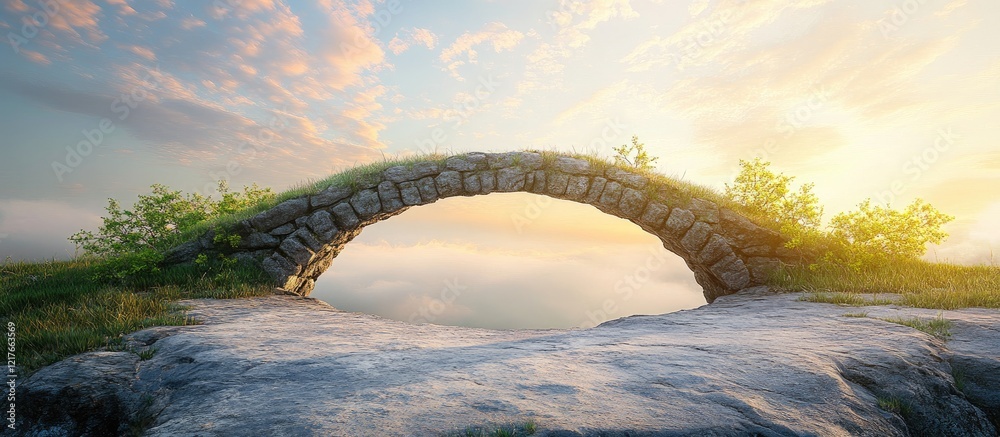 Poster Serene stone bridge in nature representing unity and transition with ample space for text and beautiful sunset backdrop