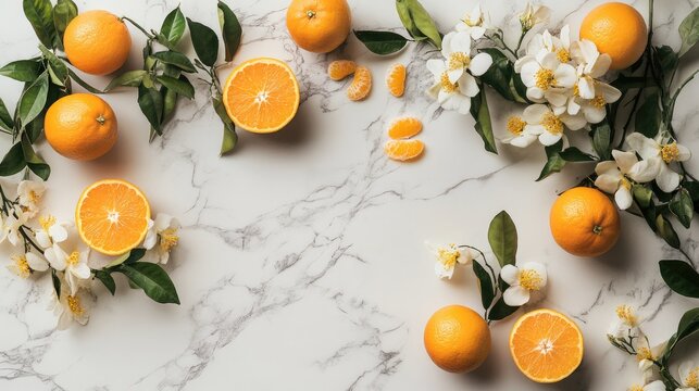 Fresh oranges and orange blossoms arranged on a marble surface with copy space for text or design elements.