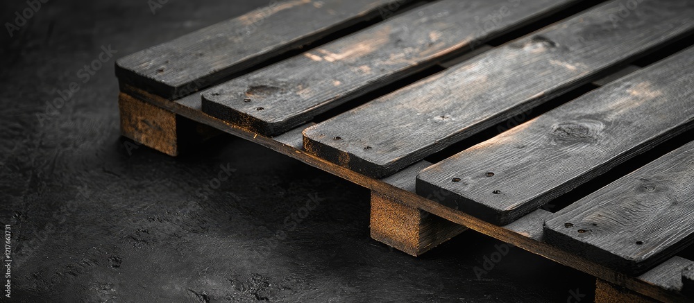 Poster Black wooden pallet with wheels on dark textured background featuring ample copyspace for customizable text or branding elements