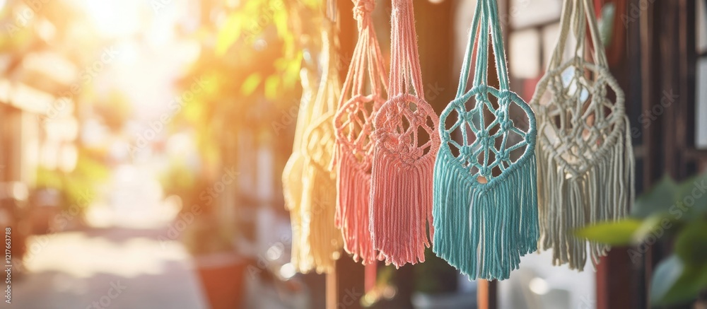 Poster Bohemian Chic Macrame Plant Hangers Colorful Display in Sunny Urban Setting with Empty Copyspace for Creative Text Insertion