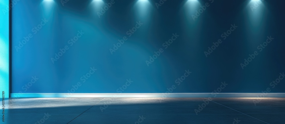 Aufkleber Elegant blue wall with textured surface and ample empty space for text and display, illuminated by soft spotlighting effect.