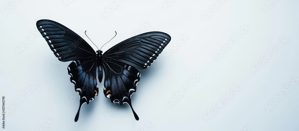 Poster Black Swallowtail Butterfly Isolated on White Background with Blank Copyspace for Text and Design Elements