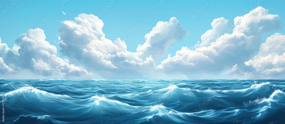 Aufkleber Serene Ocean View Under a Bright Blue Sky with Fluffy Clouds Tranquil Waves and Ample Space for Custom Text or Branding
