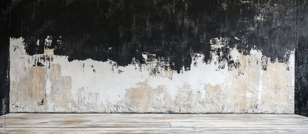 Poster black wall with distressed white surface and textured wooden floor ideal for copyspace in modern min