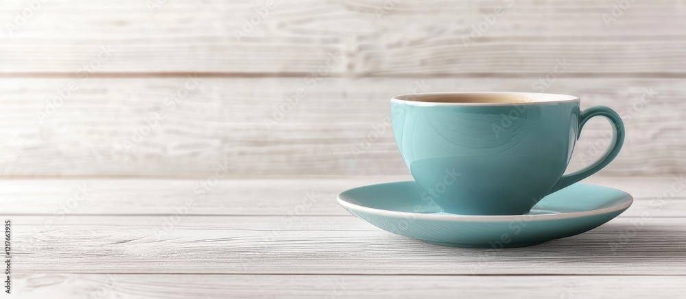 Poster Cozy coffee cup and saucer minimalist scene on light wooden background with ample empty space for branding or text placement
