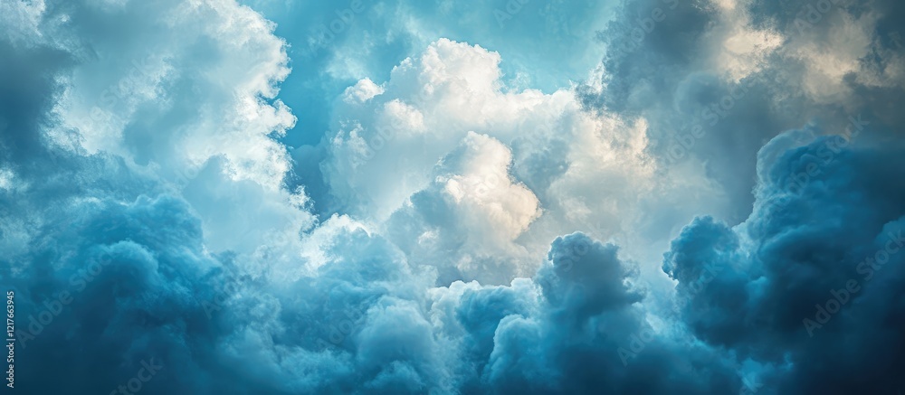Aufkleber Panoramic Bright Blue Sky with Fluffy White Clouds and Empty Space for Text or Design Elements