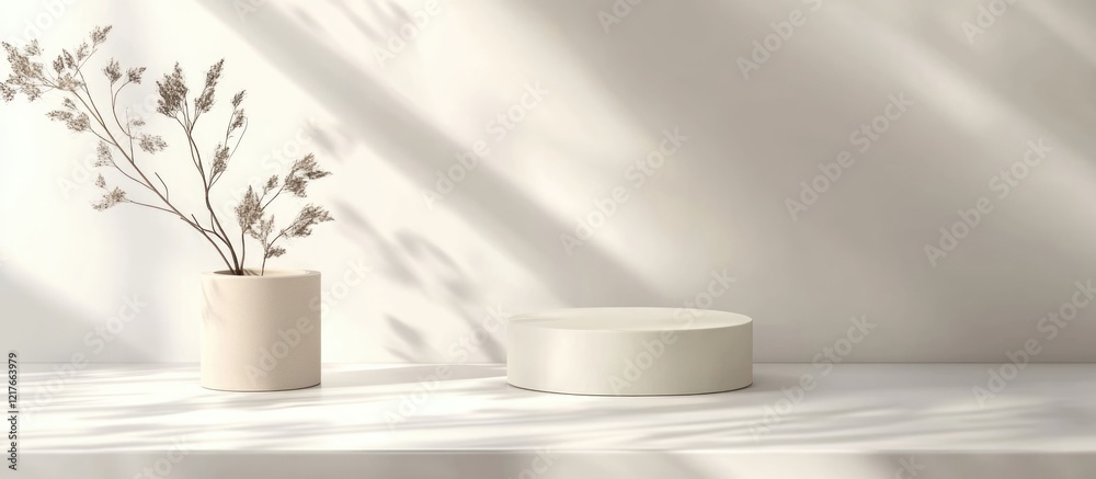 Poster Ecru Label Mockup on White Background with Minimalist Vase and Shadow Play Ideal for Branding or Product Presentation