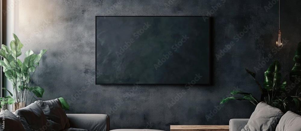 Poster modern living room with blank black canvas on the wall and empty copyspace for text showcasing a min