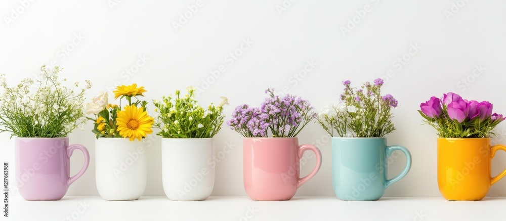 Poster colorful ceramic mugs filled with fresh flowers on white background and ample empty space for creati