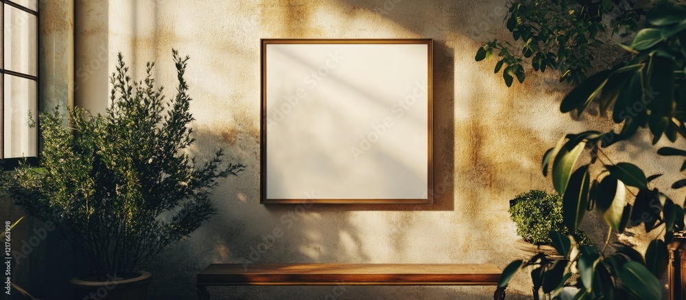 Poster Empty Picture Frame Mockup with Natural Setting and Copyspace on Wall Ideal for Artwork Showcase or Text Placement